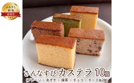 さんなすび カステラ10個 プレーン あずき 抹茶 チョコ チーズ