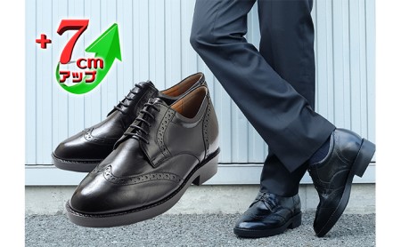 ビジネスシューズ 本革 革靴 カンガルー革 紳士靴 ウイングチップ 7cmアップ シークレットシューズ No.232 ブラック 雑貨 日用品  BN002 25.0cm