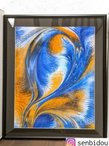 墨流し染 額装 孔雀の舞 (G04)/染美堂 一点物 絹 シルク 現代風 アート インテリア 朱雀 抽象的 奈良県 葛城市[snbd007]