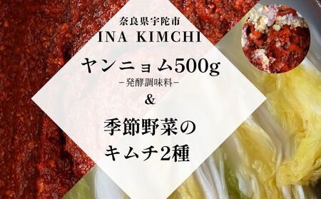 ヤンニョム500g &季節野菜のキムチ2種(各500g)/ ふるさと納税 キムチ ヤンニョムソース 赤キムチ 白キムチ 料理 グルメ INA Lab INA KIMCHI 取り寄せ 室生 奈良県 宇陀市