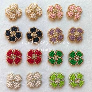 ビーズ 刺繍 お花 :イヤリング 白(ふちゴールド) ジュエリー アクセサリー chiimade