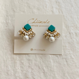 ビーズ 刺繍 ひし形 : イヤリング ターコイズ ジュエリー アクセサリー chiimade