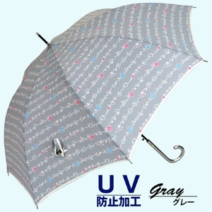 晴雨兼用傘 レディース 長傘 大きめ マルチ花ボーダー ワンタッチジャンプ 165204 グレー / まちづくり観光振興機構 UV防止加工 紫外線対策 全天候型 奈良県 田原本町