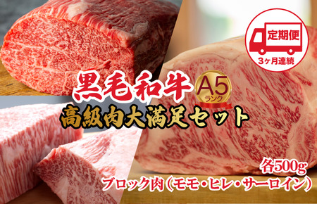 [定期便3回]黒毛和牛 A5 ブロック肉 食べ比べセット 1.5kg モモ・ヒレ・サーロイン