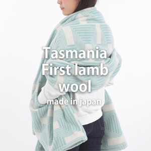 [ポケット付]洗えるタスマニアラムウール混大判ストール グリーン 70×180cm