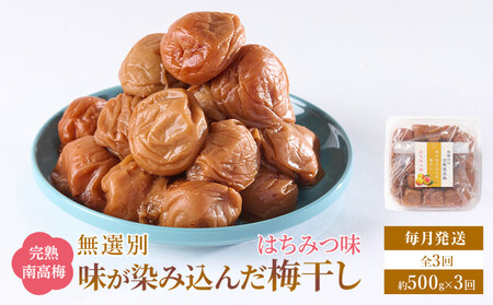 無選別 和歌山の完熟南高梅 味が染み込んだ梅干し はちみつ味 500g 塩分10% [定期便 毎月発送・全3回]