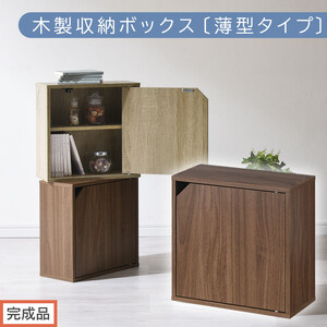 [完成品でお届け]木製収納ボックス〔薄型タイプ〕(ウォールナット)キューブボックス 扉付き 棚付き カラーボックス 木製 本棚 薄型 約 幅35 小物 漫画 コミック 収納 キューブ 型 隠す 棚 収納箱 LKANET300243-0-WAL