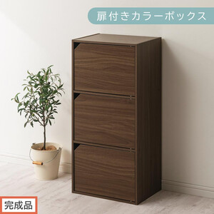 [完成品でお届け]扉付きカラーボックス〔3段〕(ウォールナット)カラーボックス 扉付き 3段 木製 収納棚 扉付き本棚 リビング キッチン 寝室 雑貨 小物 収納 収納ボックス 隙間収納 ラック AKANBR920131-0-WAL