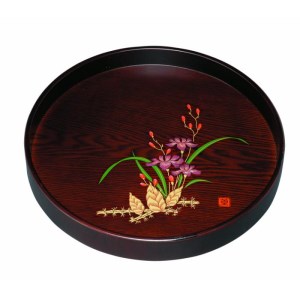 木製丸盆 茶盆(深型) 黒檀杢 山路(金蒔絵・盛絵)