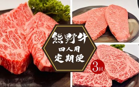 3カ月定期便 熊野牛 ステーキ3部位 4人で味わう 食べ比べ定期便[hcy017-tk]