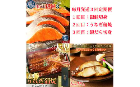 [毎月定期便]魚鶴お楽しみ海鮮3種セット(銀鮭切身・うなぎ蒲焼・銀だら切身)全3回 / 銀鱈 さけ だし うなぎ たら 魚 切り身 切身 魚 海鮮 焼き魚 ご飯のおとも おかず[tkb418]