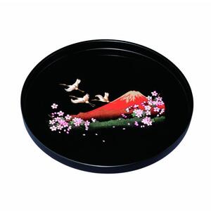 丸盆 30cm 黒 一富士二鶴三桜 ［YG463］