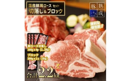 湯浅熟成肉 国産豚肩ロースセット（切落し1.2kg＆ブロック肉1kg）合計2.2kg