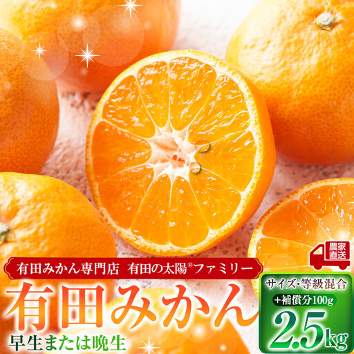 有田みかん専門店 有田の太陽®ファミリー 早生または晩生 有田みかん 2.5kg+補償分100g 山採れ・サイズ・等級 混合