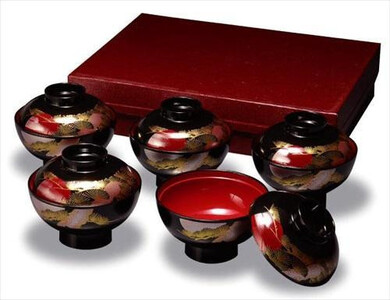 吸物椀 黒内朱 日の出松 5客入 [YG482]