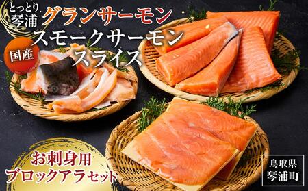 国産 とっとり 琴浦 グラン サーモン スモークサーモン スライス（40ｇ×2） お刺身用 ブロック（600ｇ） アラ （200ｇ）セット
