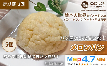 1168.【定期便3ヶ月】鳥取県産 人気菓子パン メロンパン 5個×3回