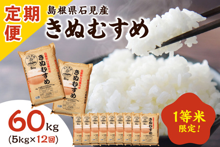 [定期便][令和5年産]石見産きぬむすめ 1年分 60kg 12ヶ月(5kg×12回コース) おいしさ自慢のお米 お取り寄せ 特産 お米 精米 白米 ごはん ご飯 コメ 新生活 応援 準備 [237]