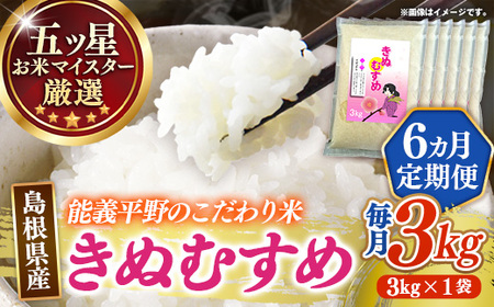 [定期便]五ツ星お米マイスター厳選 能義平野のきぬむすめ 3kg×6ヵ月 [令和7年産 3KG 6ヶ月 毎月 計18kg 精米 白米 ご飯 お米 美味しい 安心 安全 沼田米穀店 島根県 安来市][価格変更][49-NB-09]