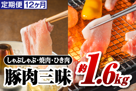 定期便 12ヶ月 まる姫ポーク 豚肉三昧約1.6kg 計約19.2kg|豚肉 肉 豚バラ肉 バラ肉 挽肉 ミンチ 切り落とし 焼き肉 しゃぶしゃぶ 国産 定期便 小分け パック AK-7
