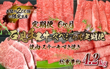 [定期便-6ヶ月]石見和牛スペシャル定期便 (焼肉・ステーキ・すき焼き)総重量約4.2kg