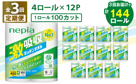 [ 全3回 定期便 ] 紙 のまち苫小牧 王子ネピア 激吸収 キッチンタオル 100(48ロール×3回) T001-T01 キッチンペーパー キッチン タオル ペーパー ペーパータオル 2枚重ね コンパクト 長持ち ミシン目 厚手 吸収力 吸水 フレッシュパルプ ネピア nepia 日用品 消耗品 用品 料理 掃除 まとめ買い 大容量 定期 防災 備蓄 開発ストア ふるさと納税 北海道 苫小牧市 おすすめ ランキング プレゼント ギフト