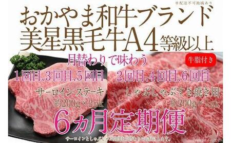 [定期便6か月]岡山 黒毛和牛 美星牛 A4等級以上 牛脂付き 6か月定期便 1・3・5回目サーロイン約400g 2・4・6回目しゃぶしゃぶすき焼き約400g 合計約2400g 生産者直送便 美星牧場 定期便