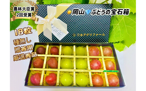 [8月中旬から発送] 2026年 岡山産ぶどう3種 食べ比べ 宝石箱 クイーンニーナ シャインマスカット マイハート 粒だけ18粒 長方形化粧箱 農林大臣賞2回受賞 岡山 果物 フルーツ 数量限定 [箱カラー:ブラック]
