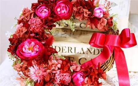 [赤色系]バラと紫陽花のハーフムーンリース M[2026年1月上旬から発送開始]