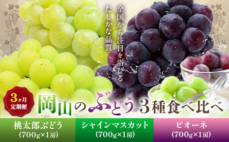 [2026年発送先行予約]ぶどう 3ヶ月 定期便 岡山 の ぶどう 3種 食べ比べ 各700g 計2.1kg 晴れの国おかやま館(漂流岡山)[2026年8月中旬-10月中旬頃出荷]岡山県 笠岡市 桃太郎 シャインマスカット ピオーネ 果物 フルーツ 送料無料[配送不可地域あり](離島)