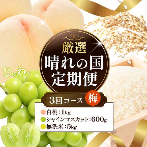 [全3回]晴れの国定期便 無洗米5kg 桃1kg マスカット600g 定期便
