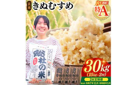 [令和7年産米]特Aきぬむすめ[玄米]30kg 定期便(15kg×2回)岡山県総社市〔令和7年11月・令和8年1月配送〕25-060-022