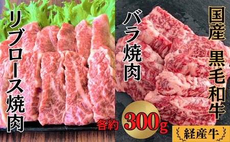 国産 黒毛和牛 経産牛 牛肉焼肉セット (リブロース約300g+バラ約300g)