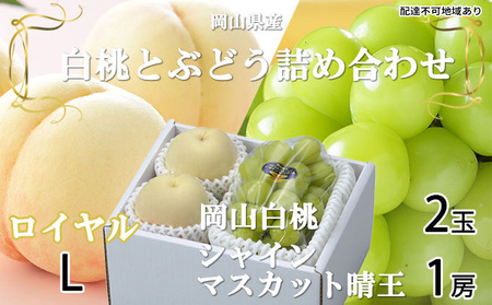 岡山白桃 ロイヤル 2玉×約200g(Lサイズ、早生種・中生種)シャインマスカット 晴王 1房約400g 詰合せ