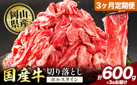 [3ヶ月定期便]牛肉 肉 国産牛 切り落とし ホルスタイン 大容量 小分け 600g(300g×2) [お申込み月の翌月から出荷開始]牛肉 岡山県産 岡山県 矢掛市 お肉 にく カレー 牛丼 牛肉