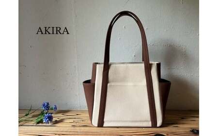[2026年6月上旬発送開始][ AKIRA オリジナル][ マツコの知らない世界 で紹介されました!] 中型レディストートバッグ ダブルポケット ライトベージュ帆布×ダークブラウン 軽量 軽い 日本製 キャンバス 帆布 横型 肩掛け 通勤 通学 大容量 上質 カジュアル オシャレ レディース カバン 鞄 バック