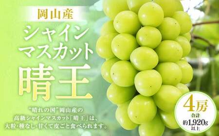 シャインマスカット 晴王 4房(1房480g以上・合計1.92kg以上)[2026年8月下旬〜10月下旬迄発送予定] マスカット 葡萄 ブドウ ぶどう フルーツ 果物 国産 岡山県産
