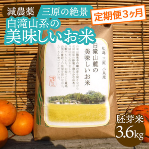 [3か月定期便]≪減農薬≫ 三原の絶景白滝山系の美味しいお米3.6kg(胚芽米)新米 002027