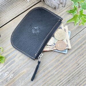 広島ジビエレザー 東広島産天然鹿革 本革ファスナー小銭入れ お札もカードも入るコインケース [01ブラック]