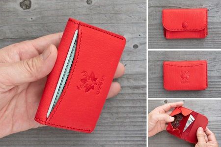 広島ジビエレザー 東広島産天然鹿革 ミニマム財布 お札もカードも小銭もオールインタイプ [03レッド]