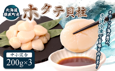 北海道雄武町産ほたて貝柱 中小混合 200g×3 (冷凍) 使い切りパック[07134]