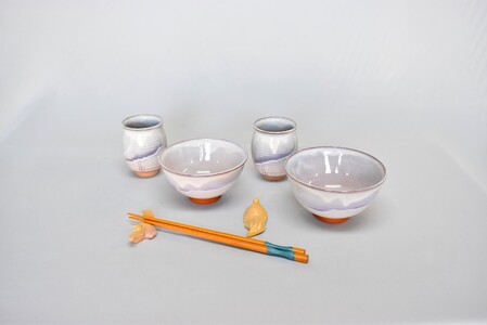 萩焼 萩むらさき福の器揃い(ご飯茶碗・湯呑・鶴亀箸置きセット) |HGH00023