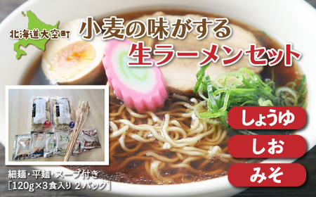 小麦の味がする生ラーメンセット(細麺・平麺・スープ付き)120g×3食入り2パック