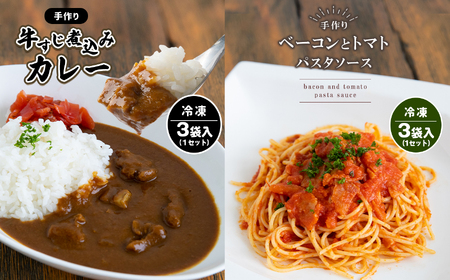 手作り 牛すじ煮込みカレー&ベーコンとトマトのパスタソース [冷凍] | 煮込み カレー 美祢市産 野菜 牛すじ パスタソース トマトソース 惣菜 セット 詰め合わせ 冷凍 特産品 山口 美祢市 美祢