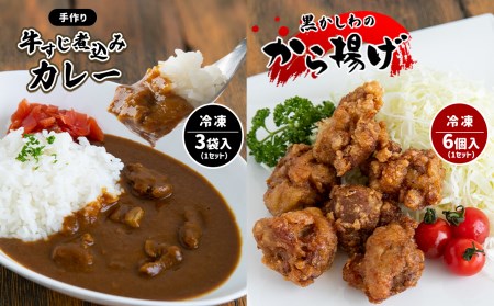 手作り 牛すじ煮込みカレー&黒かしわのから揚げ [冷凍] | カレー 牛すじ 野菜 煮込み からあげ 黒かしわ 地鶏 鶏 鶏肉 手作り 惣菜 セット 詰め合わせ 冷凍 特産品 山口 美祢市 美祢