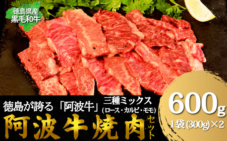 牛肉 阿波牛 焼肉用ミックス(ロース・カルビ・モモ)たれ漬け 600g 国産 肉 カルビ 味付け 柔らか 霜降り ご飯 米 焼肉 BBQ 冷凍 モモ ロース 小松島市