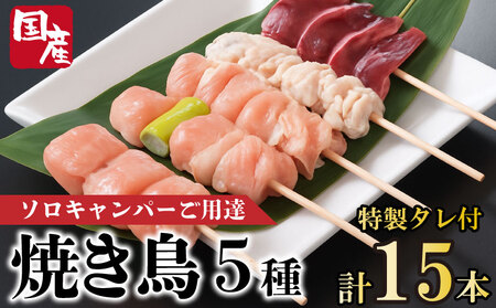 焼き鳥 5種 15本 セット タレ付き 国産 もも 皮 砂ぎも ねぎま 鶏肉
