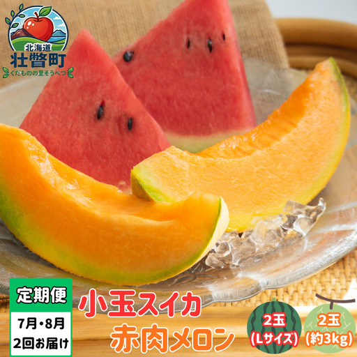 [先行予約][定期便2回]赤肉メロン2玉+小玉スイカ2玉 旬のフルーツ定期便