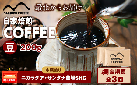 [定期便3ヶ月]自家焙煎珈琲 ニカラグア・サンタナ農園SHG 中深煎り(豆) 200g