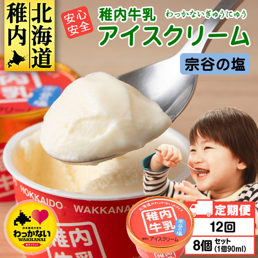 【定期便12ヶ月】稚内牛乳 アイスクリーム 宗谷の塩　8個セット（各90ml）